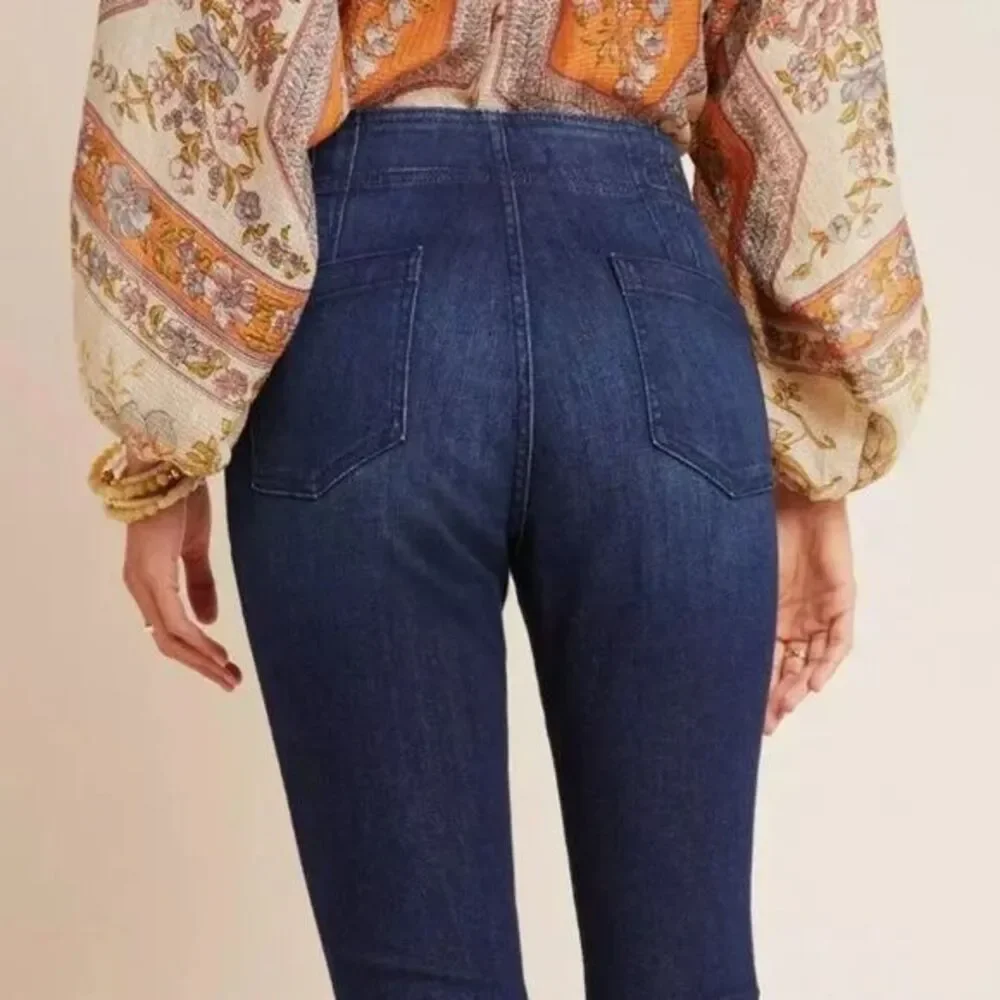 ANTHROPOLOGIE Pilcro Pleated High Rise Dark Wash Blue Denim Skinny Preppy 28